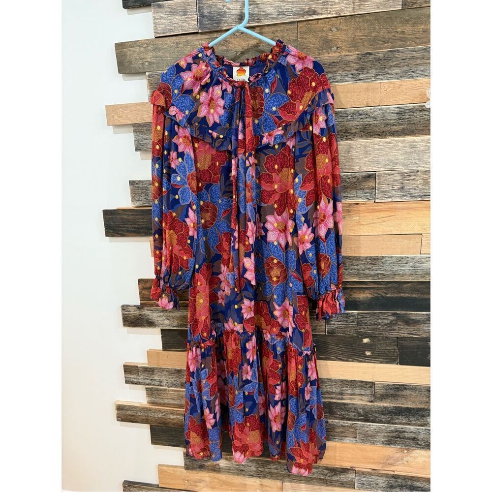 Farm Rio Garden Navy Blue Red Pink Floral Midi Dress no belt Size M - Picture 3 of 10
